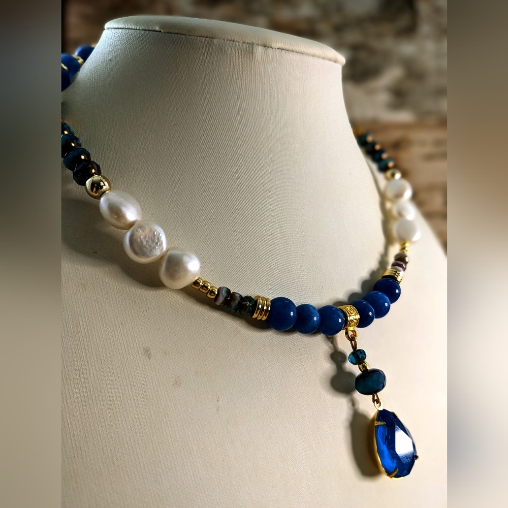 Dark Blue Jade,  Picasso Blue Beads & Pearls Crystal Pendant  Bracelet - Picture 7 of 7